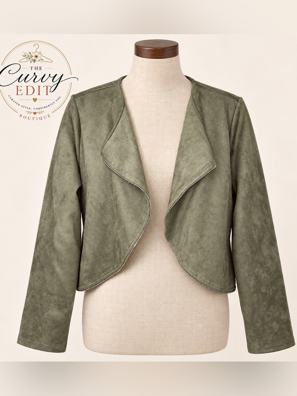 👀 Haute Fox 2XL Olive Faux Suede Cropped Waterfall Moto Jacket Fall Ready
